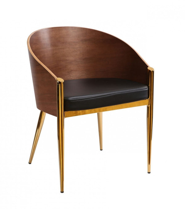 Homeroots 28" Modern Walnut Black And Gold Stylish Faux Leather Accent Chair   473846