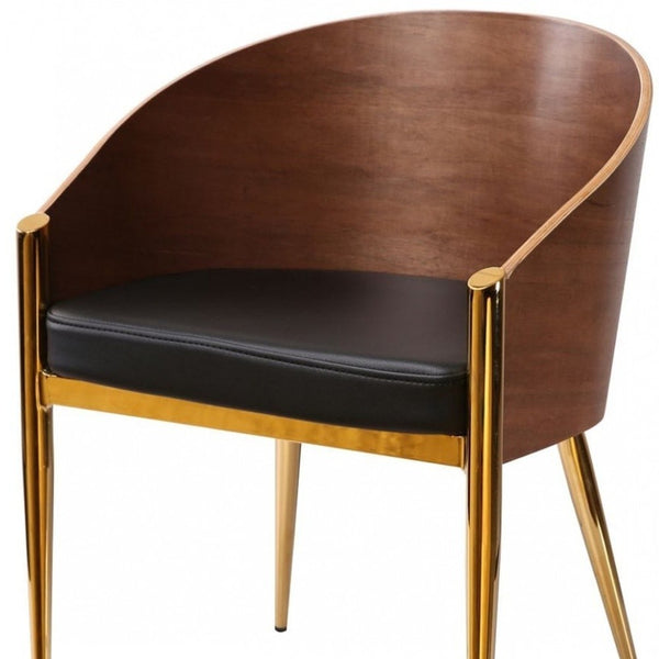 Homeroots 28" Modern Walnut Black And Gold Stylish Faux Leather Accent Chair   473846