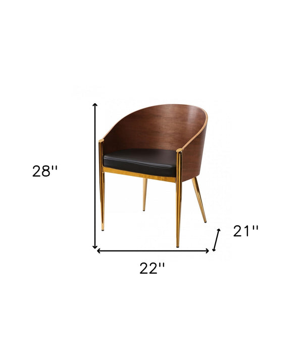 Homeroots 28" Modern Walnut Black And Gold Stylish Faux Leather Accent Chair   473846