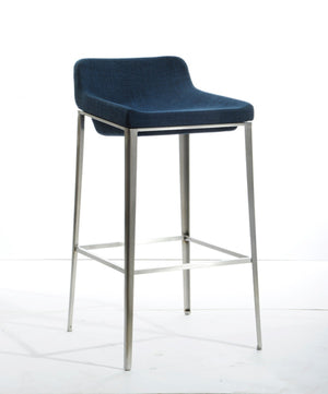 Homeroots 30" Blue And Silver Stainless Steel Low Back Bar Height Bar Chair   473858