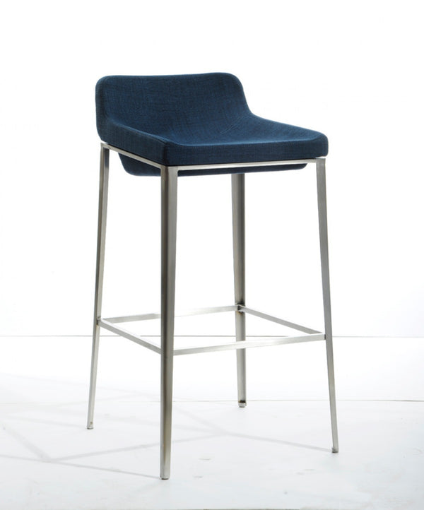 Homeroots 30" Blue And Silver Stainless Steel Low Back Bar Height Bar Chair   473858