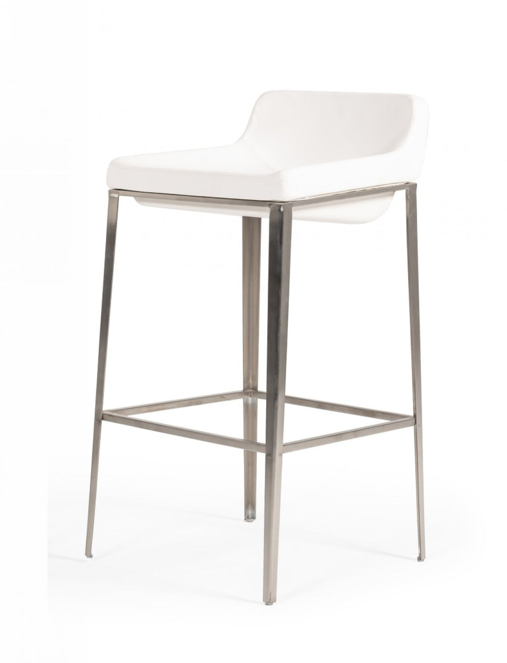 Homeroots 30" White And Silver Faux Leather And Stainless Steel Low Back Bar Height Bar Chair   473860