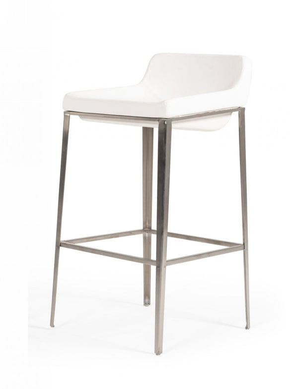 Homeroots 30" White And Silver Faux Leather And Stainless Steel Low Back Bar Height Bar Chair   473860