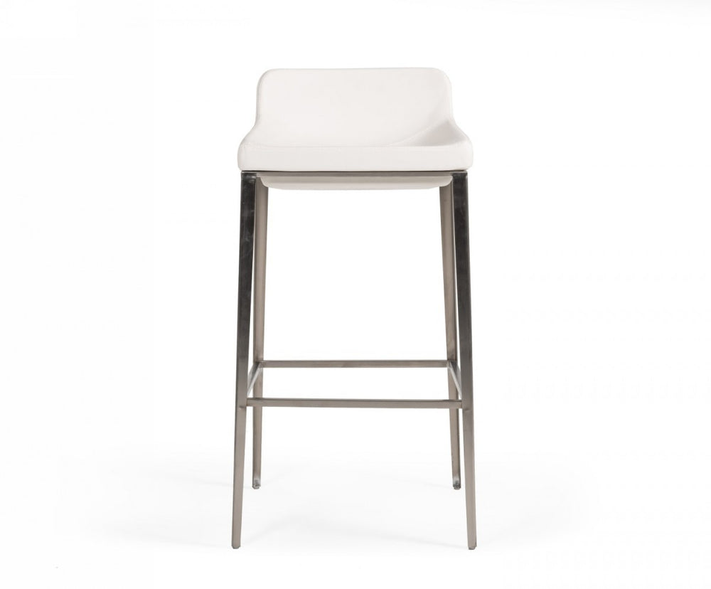 Homeroots 30" White And Silver Faux Leather And Stainless Steel Low Back Bar Height Bar Chair   473860