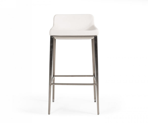 Homeroots 30" White And Silver Faux Leather And Stainless Steel Low Back Bar Height Bar Chair   473860
