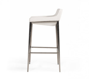 Homeroots 30" White And Silver Faux Leather And Stainless Steel Low Back Bar Height Bar Chair   473860
