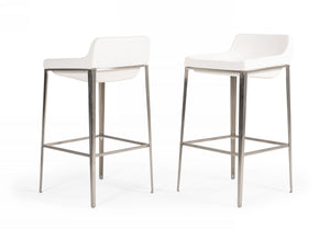 Homeroots 30" White And Silver Faux Leather And Stainless Steel Low Back Bar Height Bar Chair   473860