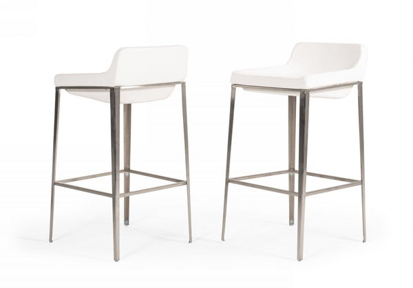 Homeroots 30" White And Silver Faux Leather And Stainless Steel Low Back Bar Height Bar Chair   473860