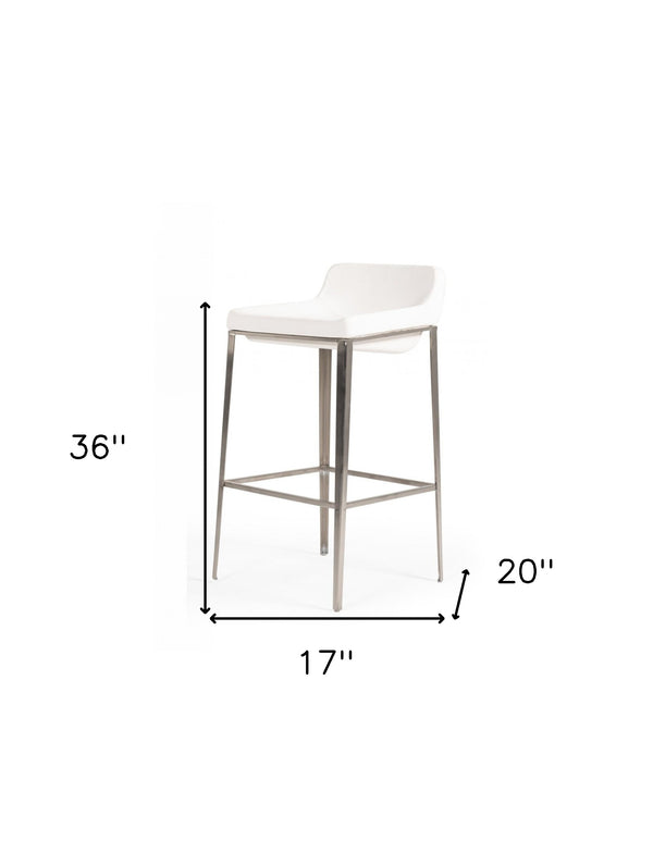 Homeroots 30" White And Silver Faux Leather And Stainless Steel Low Back Bar Height Bar Chair   473860