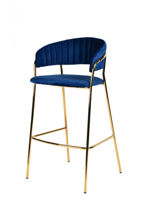 Homeroots Set Of Two 30" Dark Blue And Gold Steel Low Back Bar Height Bar Chairs   473861