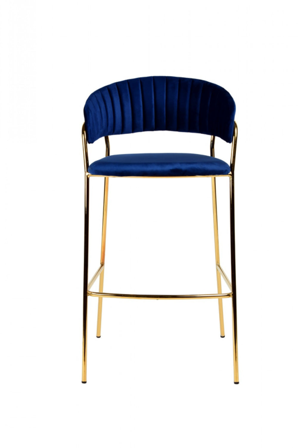 Homeroots Set Of Two 30" Dark Blue And Gold Steel Low Back Bar Height Bar Chairs   473861