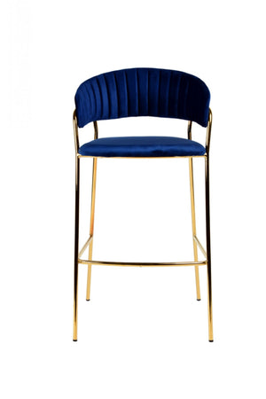 Homeroots Set Of Two 30" Dark Blue And Gold Steel Low Back Bar Height Bar Chairs   473861