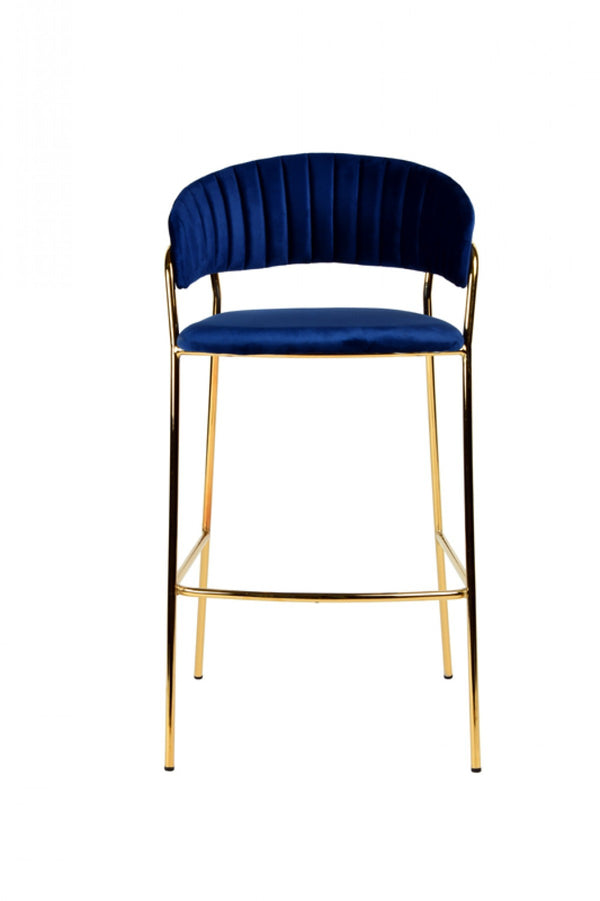 Homeroots Set Of Two 30" Dark Blue And Gold Steel Low Back Bar Height Bar Chairs   473861