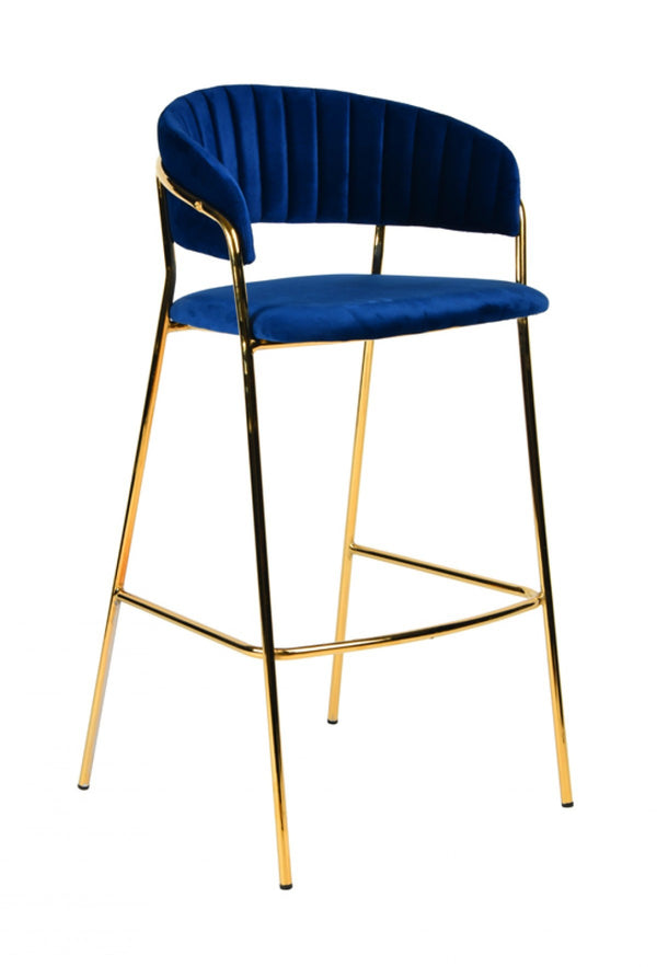 Homeroots Set Of Two 30" Dark Blue And Gold Steel Low Back Bar Height Bar Chairs   473861