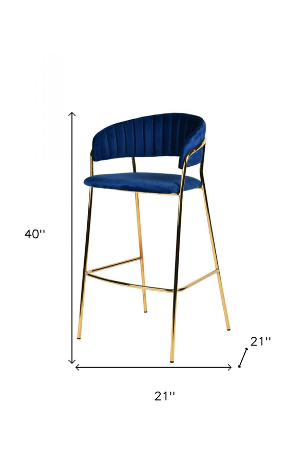 Homeroots Set Of Two 30" Dark Blue And Gold Steel Low Back Bar Height Bar Chairs   473861