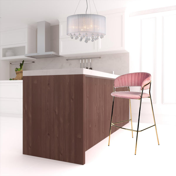 Homeroots Set Of Two 30" Pink And Gold Steel Low Back Bar Height Bar Chairs   473862