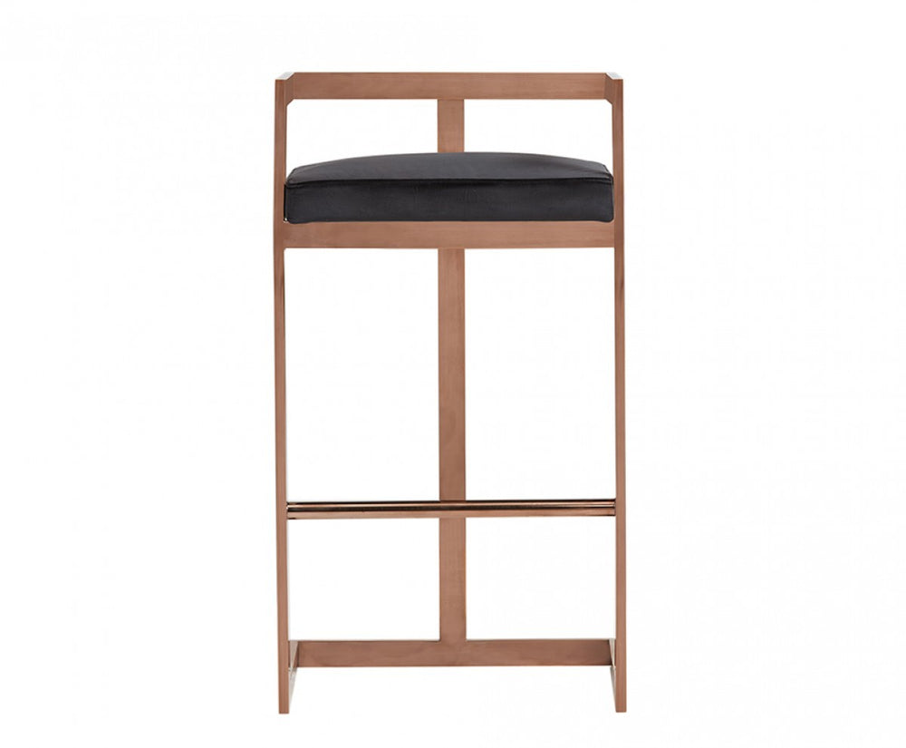 Homeroots 30" Black And Rose Gold Velvet And Stainless Steel Low Back Bar Height Bar Chair   473863