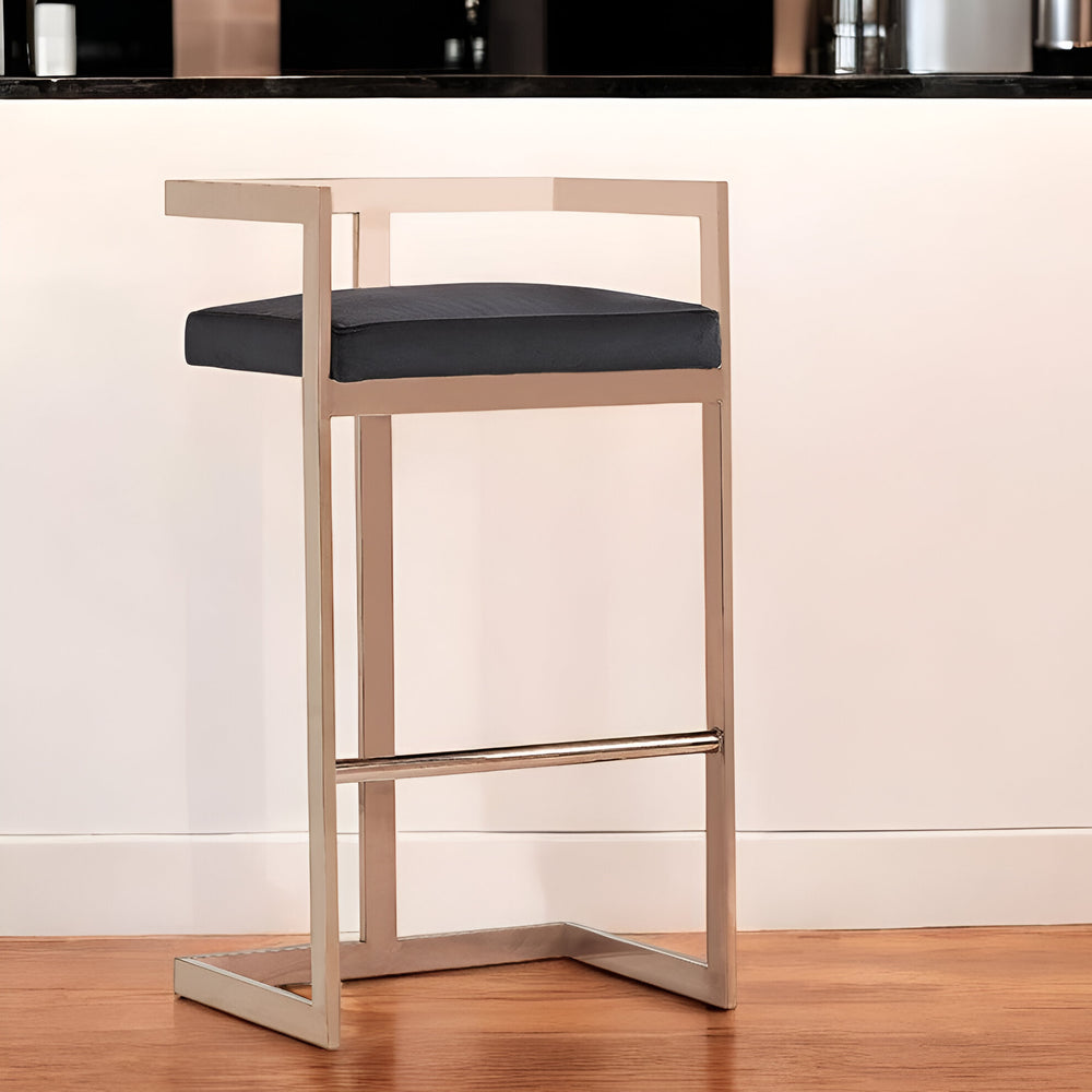 Homeroots 30" Black And Rose Gold Velvet And Stainless Steel Low Back Bar Height Bar Chair   473863