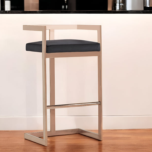 Homeroots 30" Black And Rose Gold Velvet And Stainless Steel Low Back Bar Height Bar Chair   473863