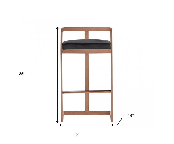 Homeroots 30" Black And Rose Gold Velvet And Stainless Steel Low Back Bar Height Bar Chair   473863