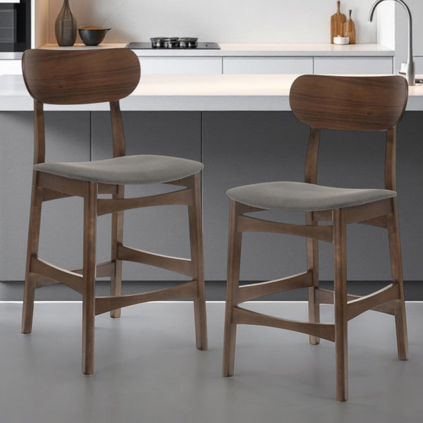 Homeroots Set Of Two 29" Gray And Brown Solid Wood Low Back Bar Height Bar Chairs   473866