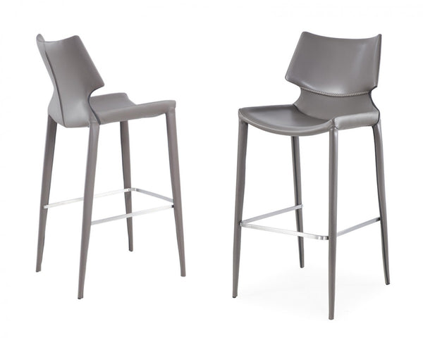 Homeroots Set Of Two 30" Gray Faux Leather And Steel Low Back Bar Height Bar Chairs   473875