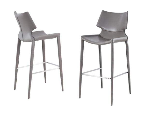 HomeRoots Set of Two Contemporary Gray Faux Leather Bar Chairs with Steel Frame for Home or Kitchen Use 473875