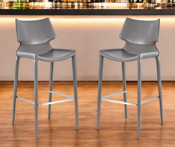HomeRoots Set of Two Contemporary Gray Faux Leather Bar Chairs with Steel Frame for Home or Kitchen Use 473875