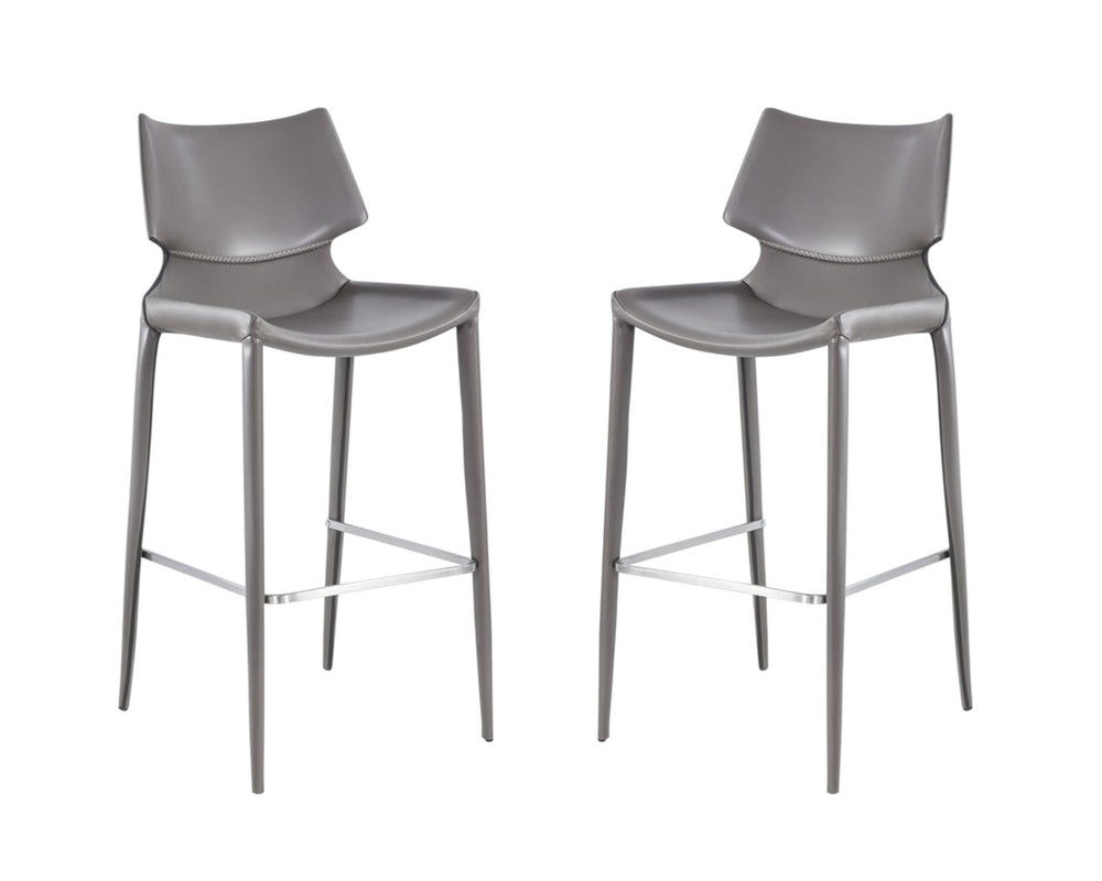 HomeRoots Set of Two Contemporary Gray Faux Leather Bar Chairs with Steel Frame for Home or Kitchen Use 473875