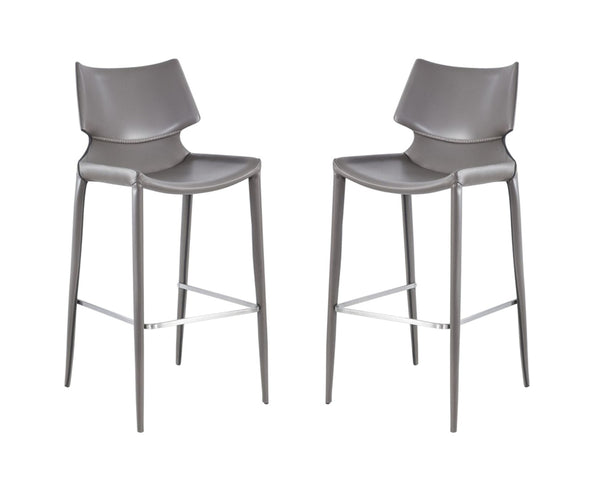 HomeRoots Set of Two Contemporary Gray Faux Leather Bar Chairs with Steel Frame for Home or Kitchen Use 473875