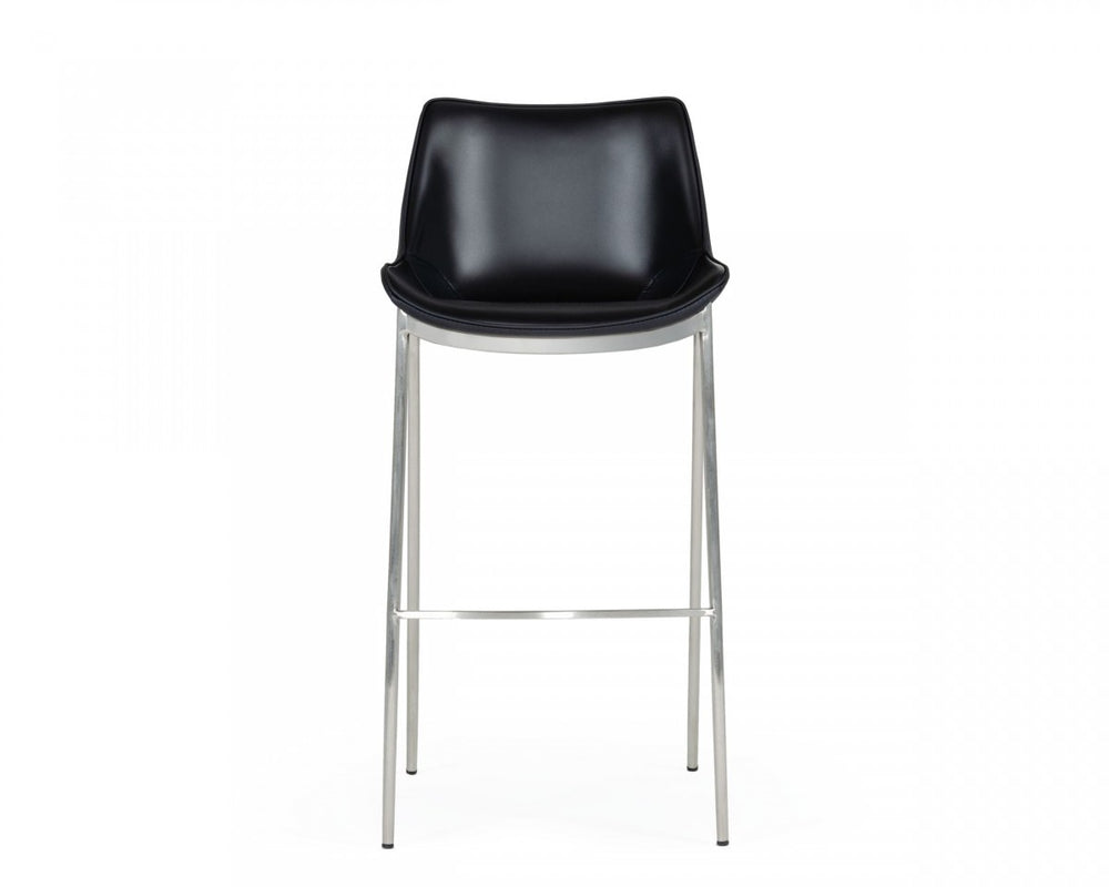 Homeroots Set Of Two 30" Black And Silver Faux Leather And Steel Low Back Bar Height Bar Chairs   473876