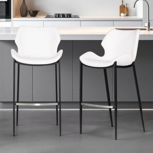 Homeroots Set Of Two 30" White And Black Faux Leather And Steel Low Back Bar Height Bar Chairs   473877