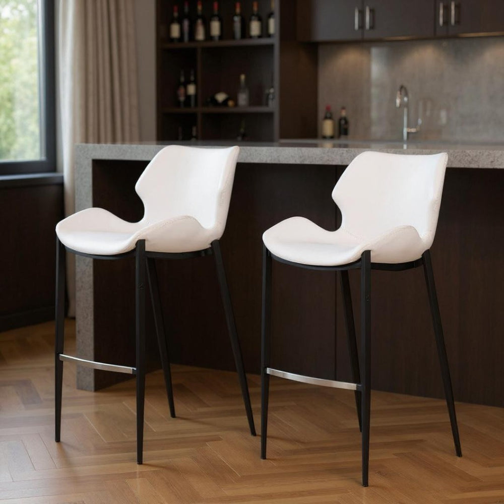 HomeRoots Set of Two Modern 30" Bar Chairs with White Faux Leather Seats & Sturdy Black Steel Frame Design 473877
