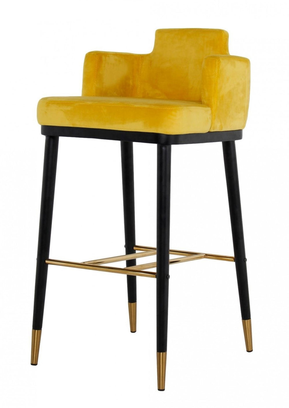 Homeroots 30" Yellow And Black Velvet And Steel Low Back Bar Height Bar Chair   473878
