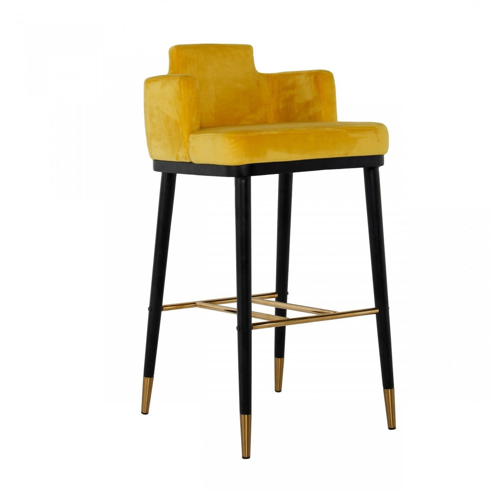 Homeroots 30" Yellow And Black Velvet And Steel Low Back Bar Height Bar Chair   473878