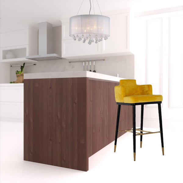 Homeroots 30" Yellow And Black Velvet And Steel Low Back Bar Height Bar Chair   473878