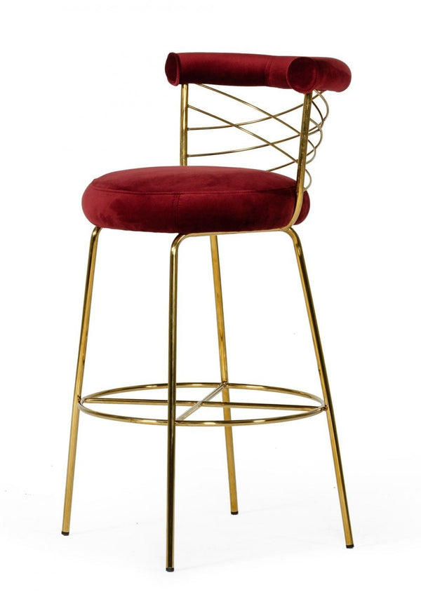 Homeroots 30" Red And Gold Velvet And Steel Low Back Bar Height Bar Chair   473879