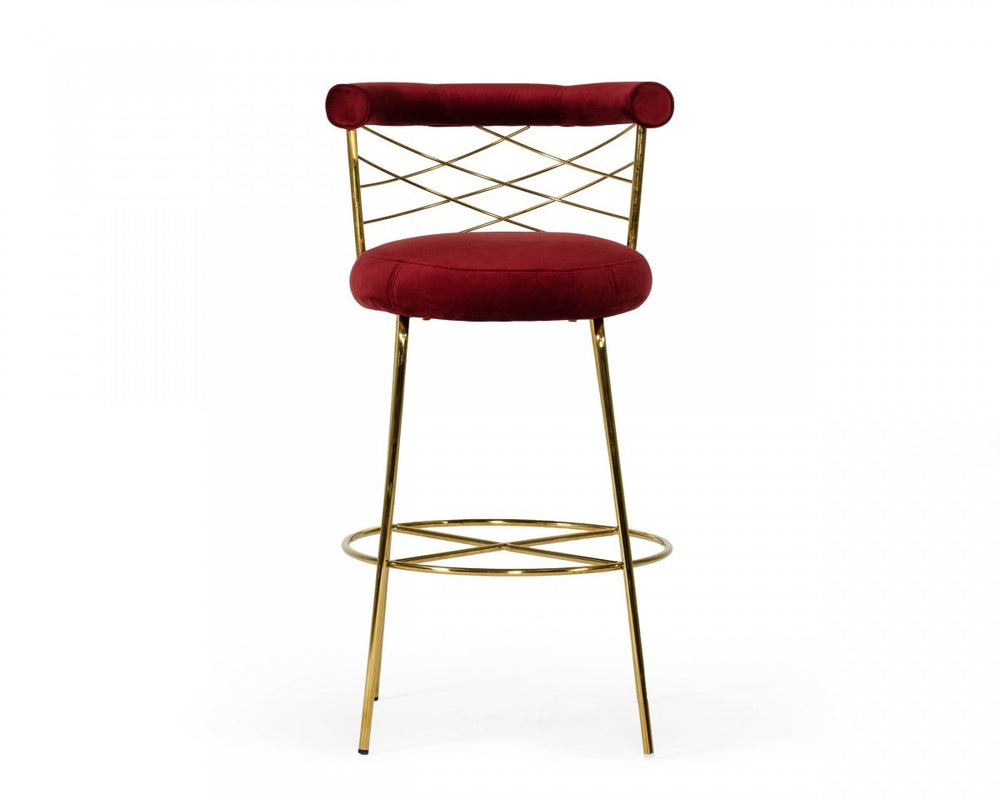 Homeroots 30" Red And Gold Velvet And Steel Low Back Bar Height Bar Chair   473879
