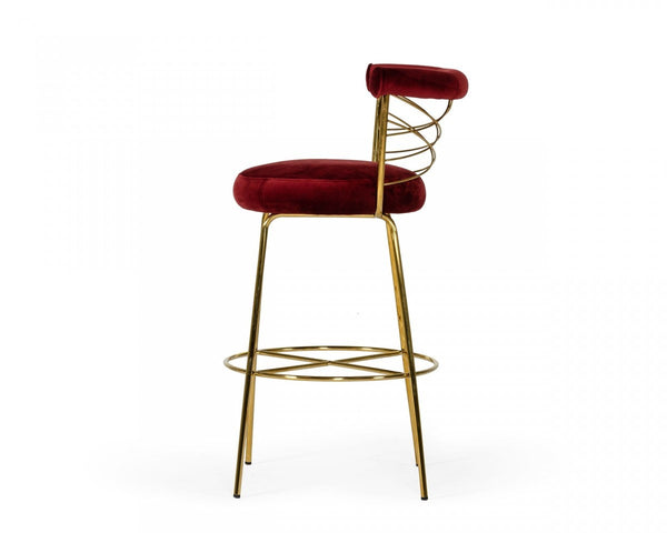 Homeroots 30" Red And Gold Velvet And Steel Low Back Bar Height Bar Chair   473879