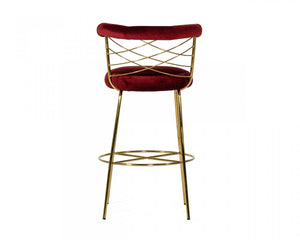 Homeroots 30" Red And Gold Velvet And Steel Low Back Bar Height Bar Chair   473879