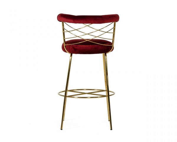 Homeroots 30" Red And Gold Velvet And Steel Low Back Bar Height Bar Chair   473879