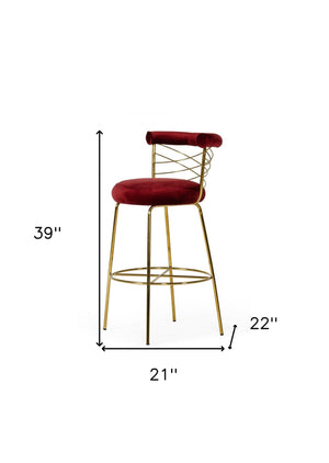 Homeroots 30" Red And Gold Velvet And Steel Low Back Bar Height Bar Chair   473879