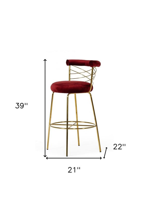 Homeroots 30" Red And Gold Velvet And Steel Low Back Bar Height Bar Chair   473879