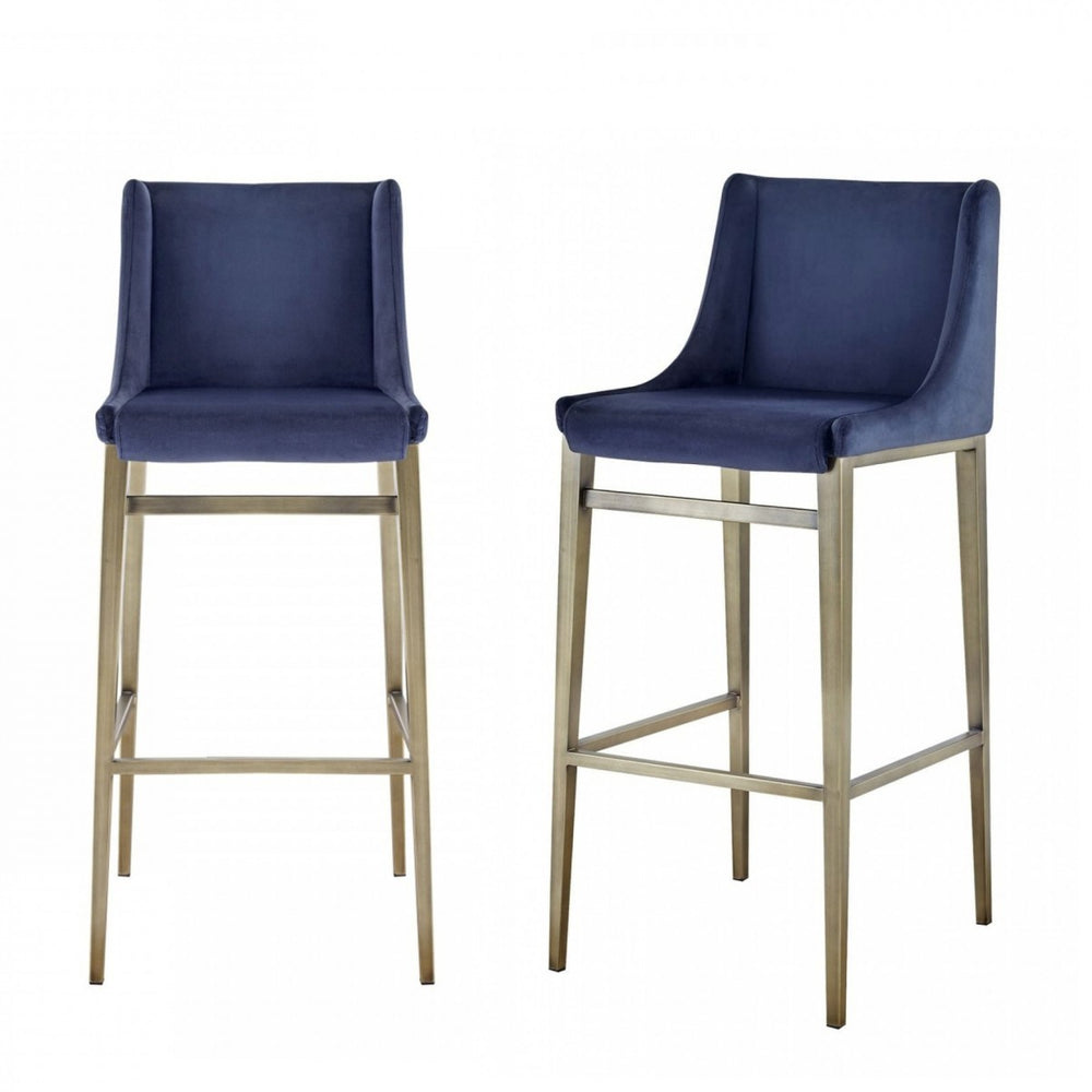 Homeroots Set Of Two 31" Blue And Silver Velvet And Steel Bar Height Bar Chairs   473882
