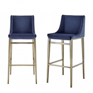 Homeroots Set Of Two 31" Blue And Silver Velvet And Steel Bar Height Bar Chairs   473882
