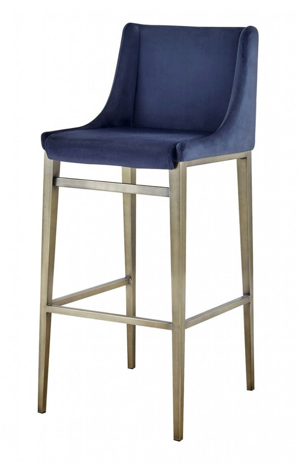 Homeroots Set Of Two 31" Blue And Silver Velvet And Steel Bar Height Bar Chairs   473882