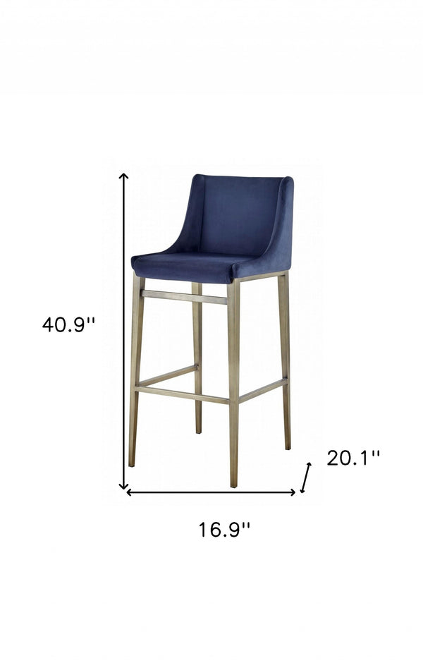 Homeroots Set Of Two 31" Blue And Silver Velvet And Steel Bar Height Bar Chairs   473882