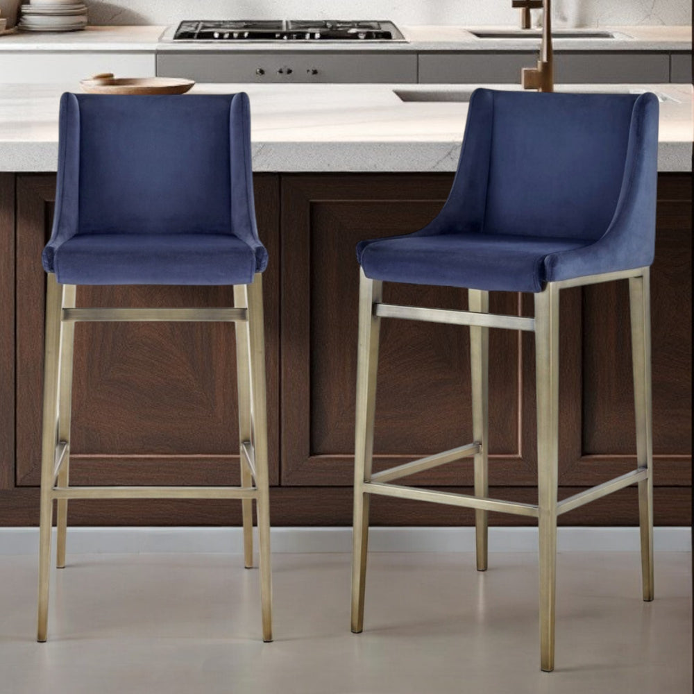 Homeroots Set Of Two 31" Blue And Silver Velvet And Steel Bar Height Bar Chairs   473882