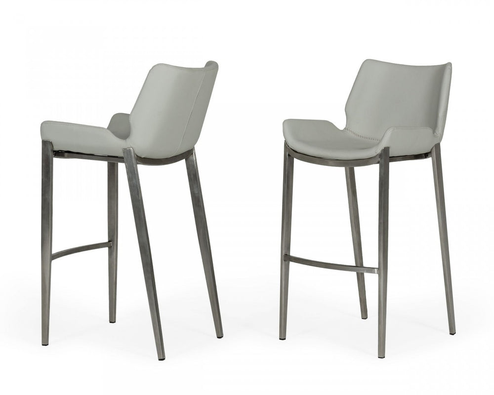 Homeroots Set Of Two 30" Gray And Silver Faux Leather And Steel Low Back Bar Height Bar Chairs   473884
