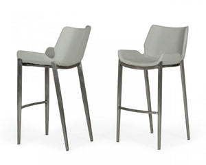 Homeroots Set Of Two 30" Gray And Silver Faux Leather And Steel Low Back Bar Height Bar Chairs   473884